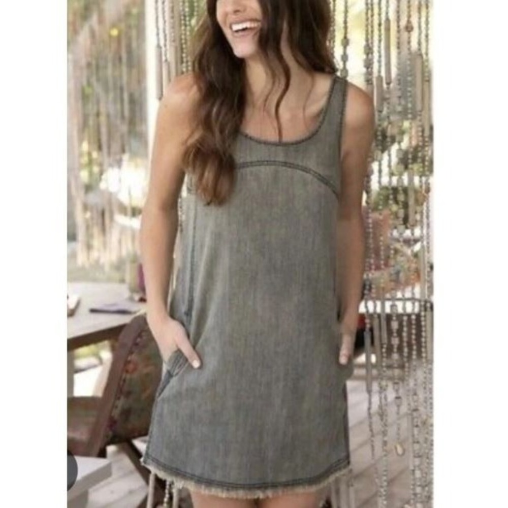 NEW Natural Life XL Stone Gray Denim JJ Jumper‎ Dress Short Raw Hem Pockets NWT